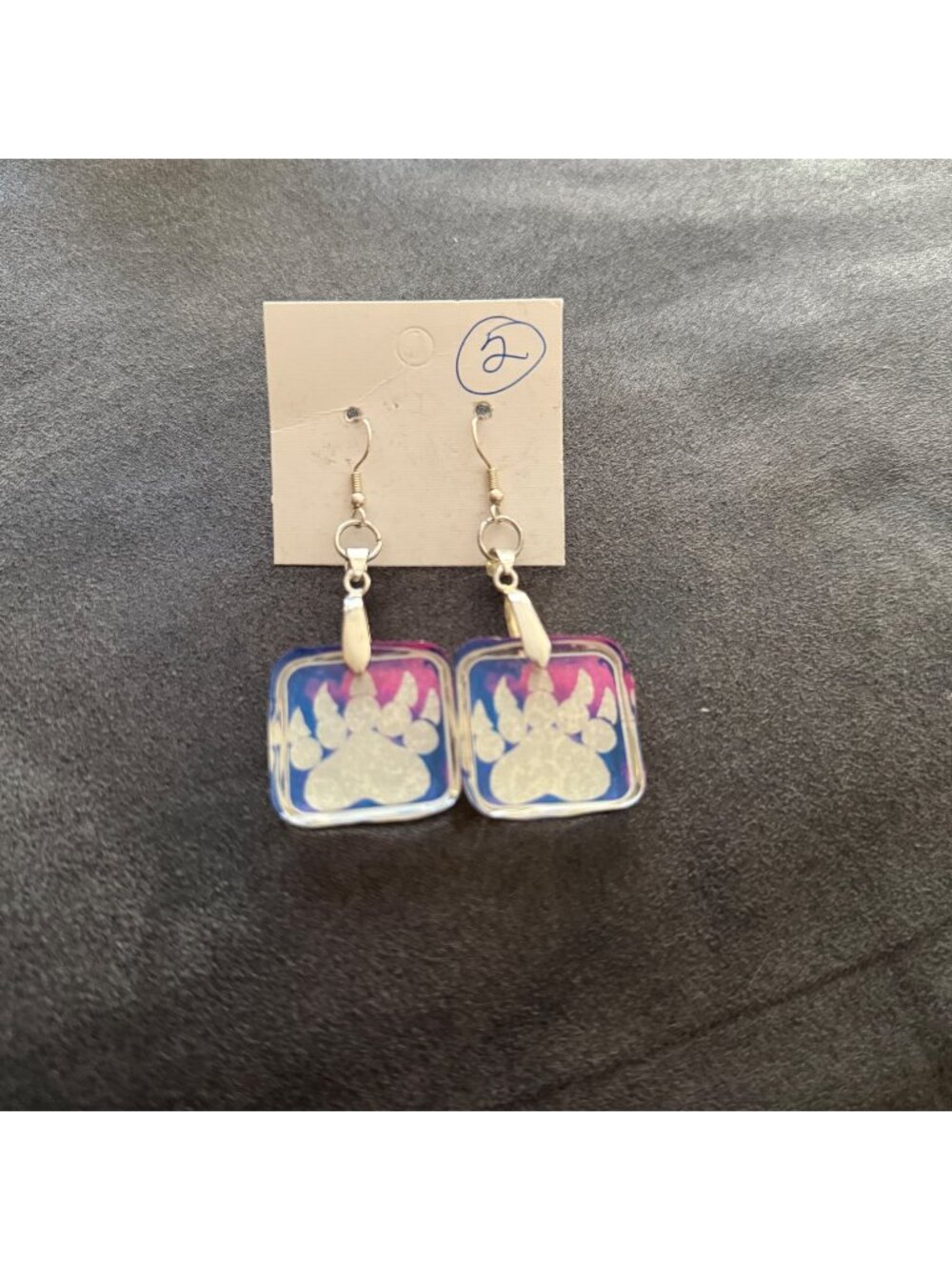 Paw Print Dangle Earrings With Square Resin Charm